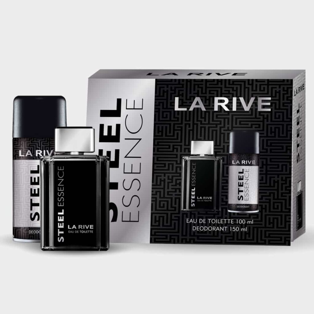 Kit Steel Essence da La Rive , contém 1 paerfume de 100 ml + 1 desodorante de 150 ml, contratipo do silver Scent